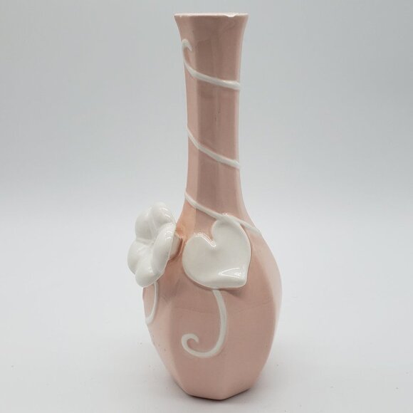 Fitz & Floyd 1982 Ceramic Peach Pink Pastel 3D White Applied Florals Bud Vase - Picture 9 of 10